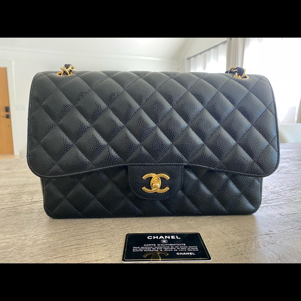 2014 Chanel Double Flap Jumbo Black Caviar with gold hardware